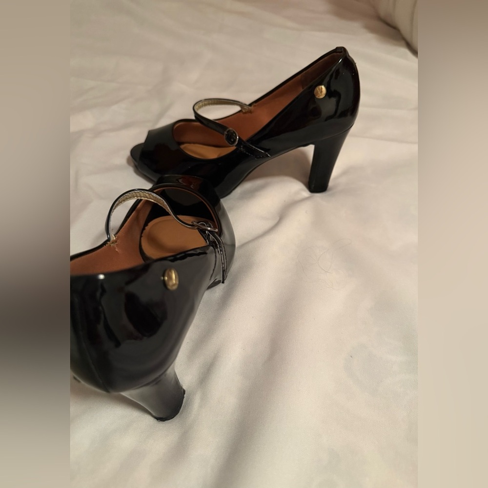 Black Patent Mary Jane Heels with Gold Accent